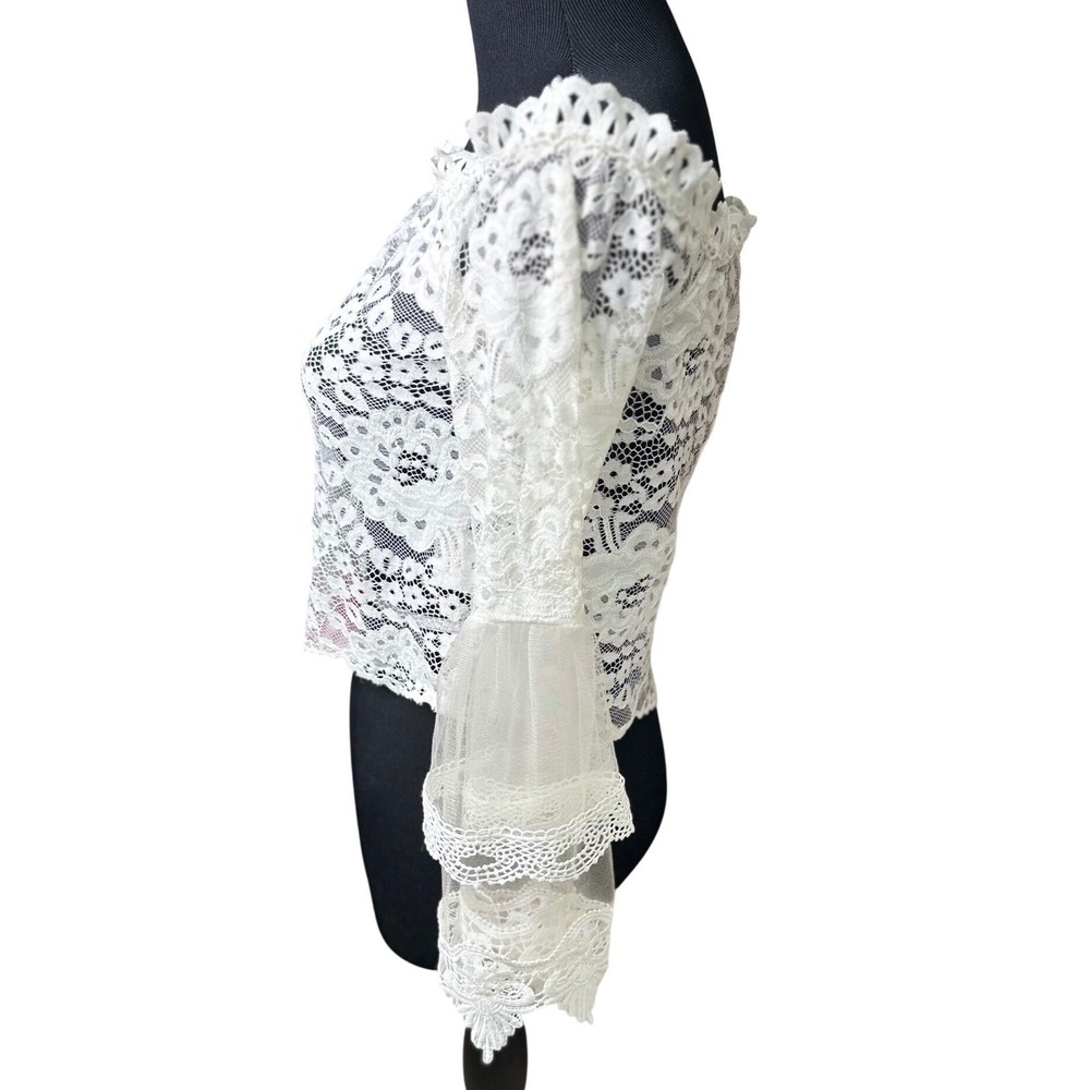 Boho White Lace Top Off Shoulder XS Crop Bell Sleeve Sheer Romantic Cottagecore - Picture 3 of 9